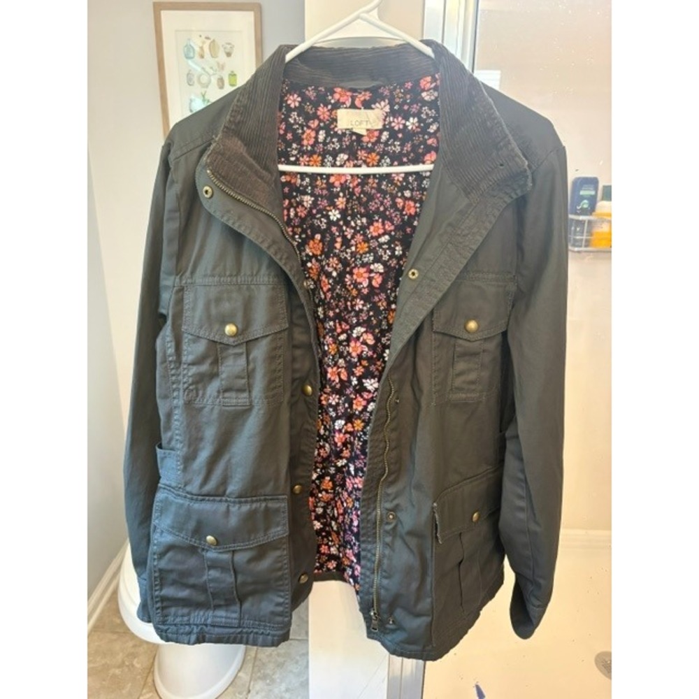 LOFT Utility Jacket Olive Green Corduroy Collar Floral Lined Anorak Coat